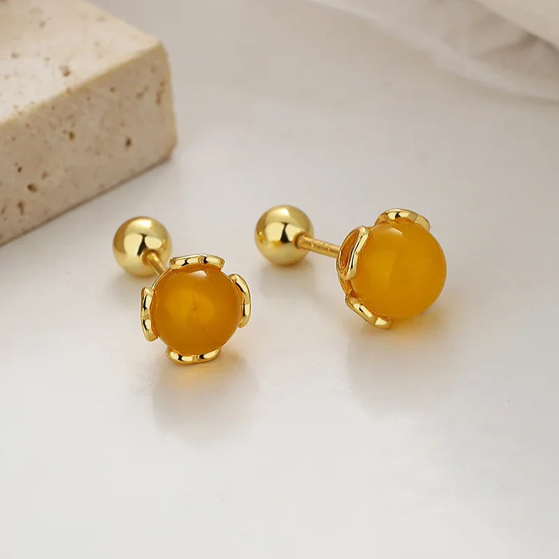 TrustDavis Real 925 Sterling Silver Agate Round Bead Screw Stud Earrings for Women Girls Minimalist Fine Jewelry DS4103