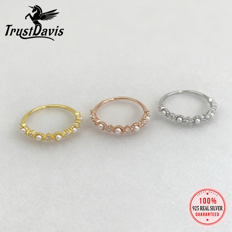 TrustDavis Real 925 Sterling Silver Women's Fashion Pearl Stacked Band Zircon Ring for Women Girls Fine Jewelry Gift DS4753
