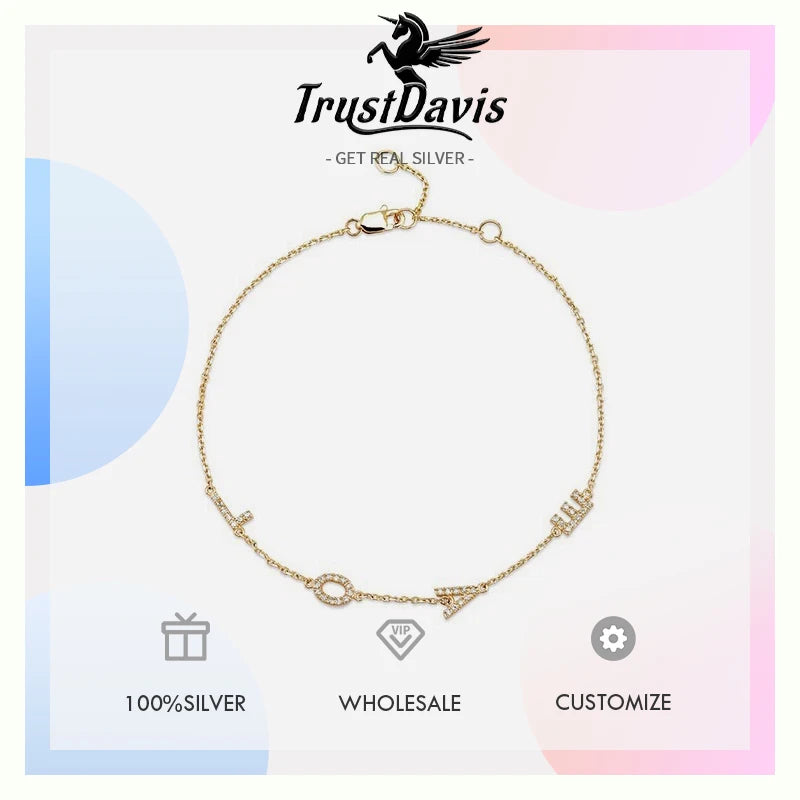 TrustDavis Girls 925 Sterling Silver Fashion Sweet LOVE letter zircon bracelet for Women Girl Birthday Gift Fine Jewelry DS4706