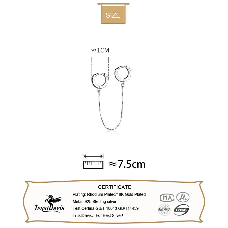 TrustDavis 1Pcs Real 925 Sterling Silver Fashion Box Chain Double Hoop Earrings For Women Wedding Party Fine Jewelry Gift DA2275