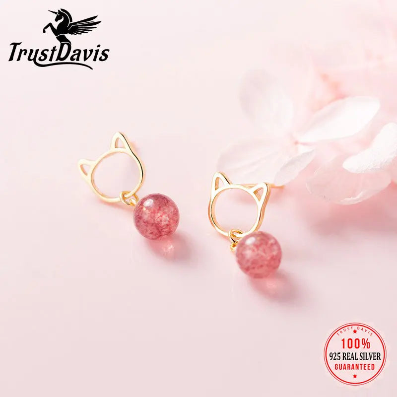 TrustDavis Real 925 Sterling Silver Cute Cat Pink Strawberry Crystal Earrings for Women Wedding Party Fine S925 Jewelry DS4385