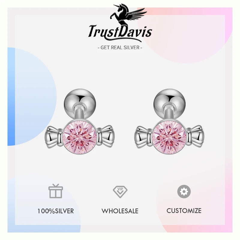 TrustDavis Real 925 Sterling Silver Fashion Sweet Cute Zirconia Candy Screw Earrings for Women Girls Jewelry Gift DS4712