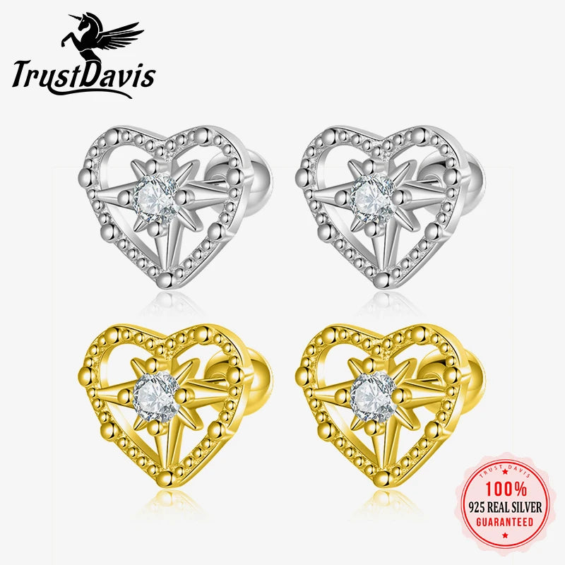 Real 925 Sterling Silver Heart Zircon Stud Earrings DS4022