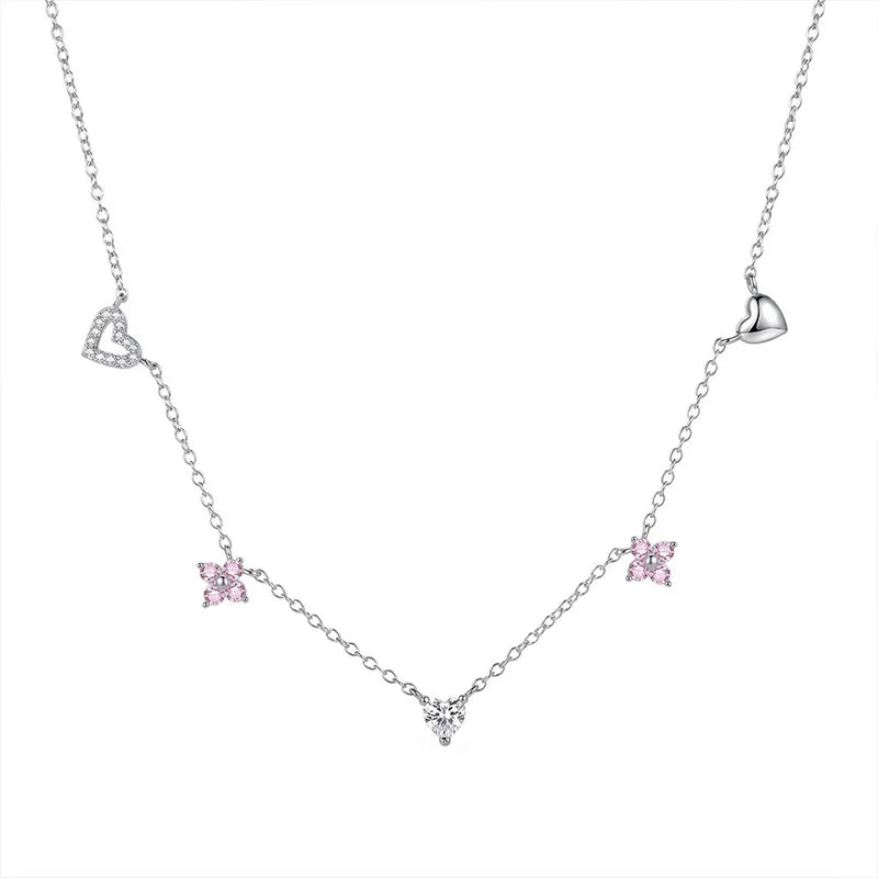 Pink Flower Heart Zircon Silver Necklace DS4863