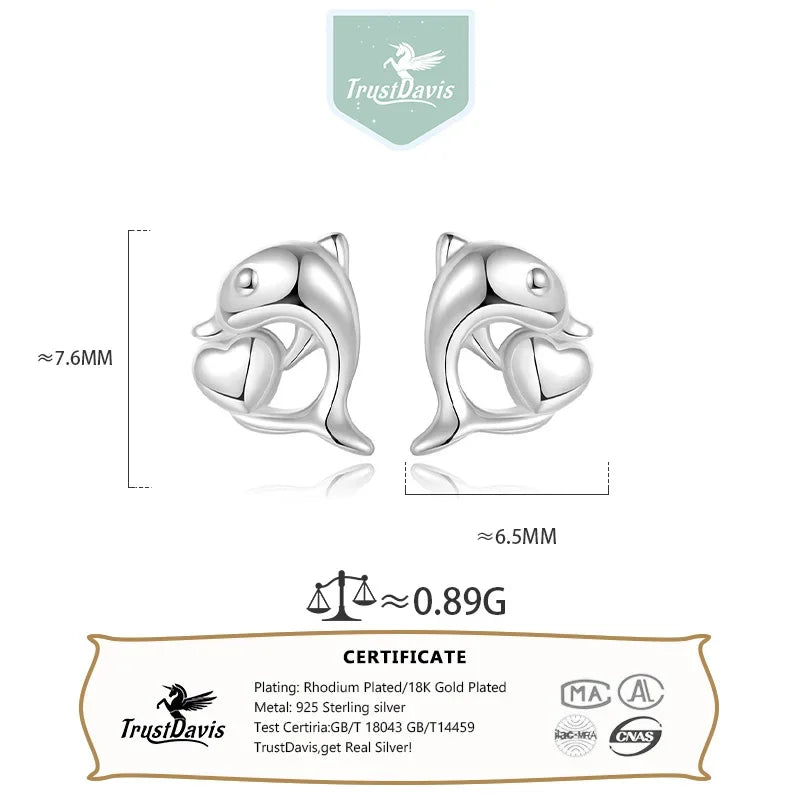 TrustDavis Real 925 Sterling Silver Cute Dolphin CZ Stud Earring for Women Daughter Birthday Gift Fine Jewelry DA3227