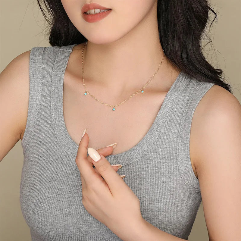 TrustDavis 925 Sterling Silver Women's Simple Vintage Turquoise Pendant Clavicle Necklace for Women Girls Jewelry Gift DS4333