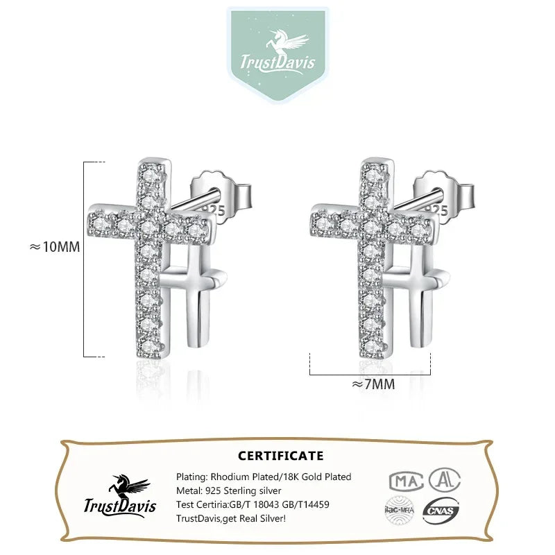 925 Sterling Silver Fahion Sweet Cross Dazzling Charm Stud Earrings DS258