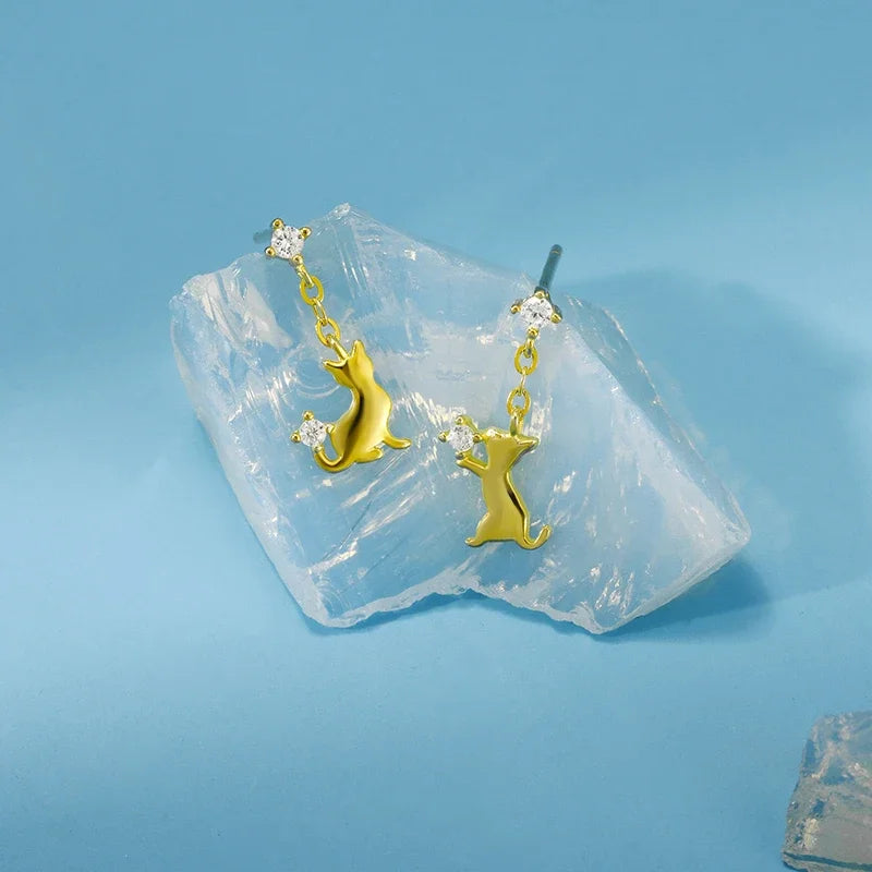 TrustDavis Real 925 Sterling Silver Cute Asymmetric Cats CZ Stud Earring For Women Daughter Birthday Gift Fine Jewelry DS4620