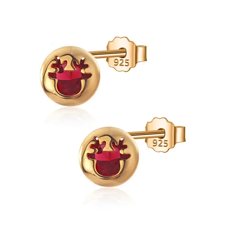 Round Heart Deer Red CZ Stud Earrings DA196