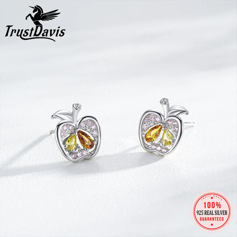 TrustDavis 925 Sterling Silver Women's Fashion Cute Apple Multicolor Zirconia Earrings for Women Girl Jewelry Gift DS4305