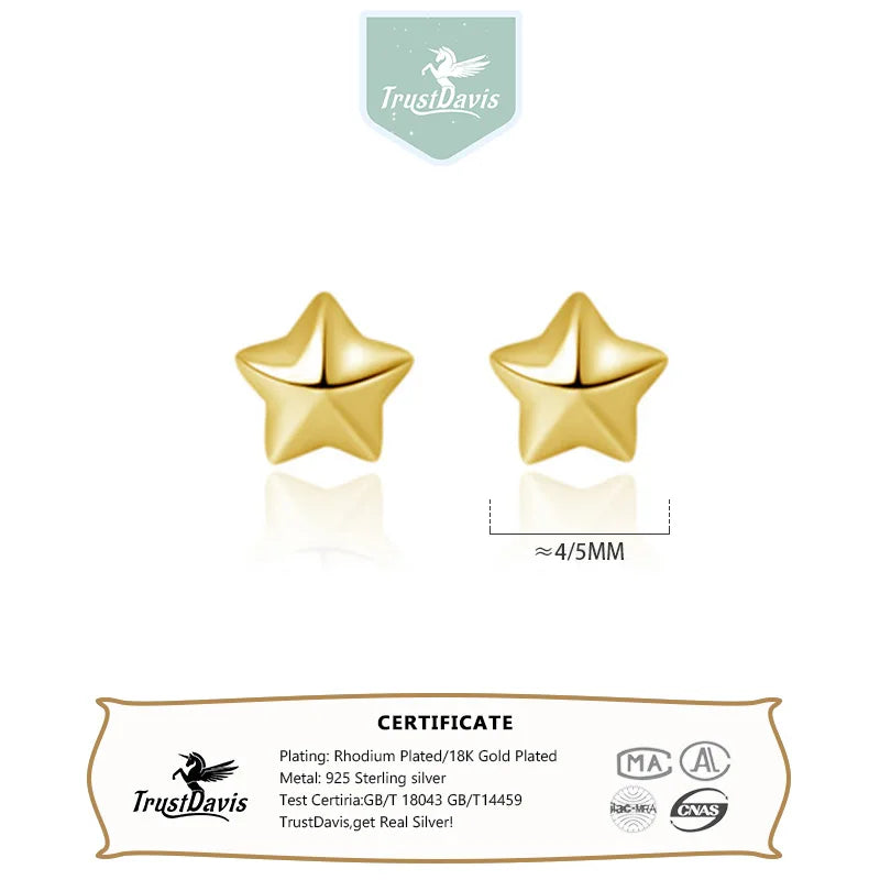 TrustDavis Real 925 Sterling Silver Fashion Sweet Star Stud Earrings Women Daughter Birthday Party Gift Jewelry DA1629