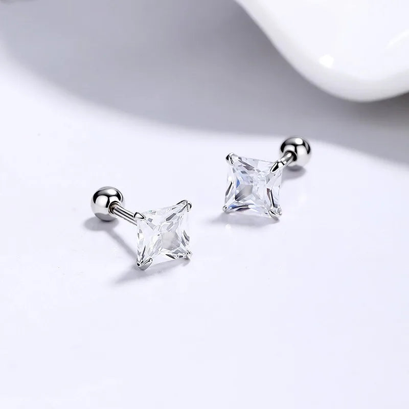 Silver 4 Prong Princess Cut CZ Screw Earrings DS5008