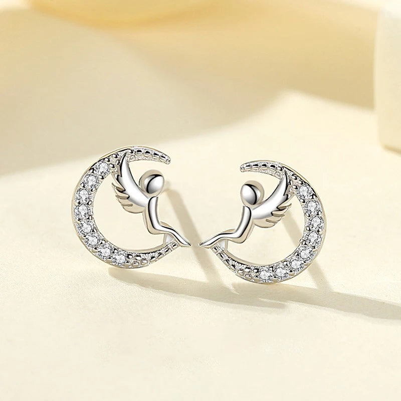 TrustDavis 925 Sterling Silver Women's Moon Stud Earrings Fashion Simple Moon Angel Earrings for Women Girls Jewelry Gift DS4276