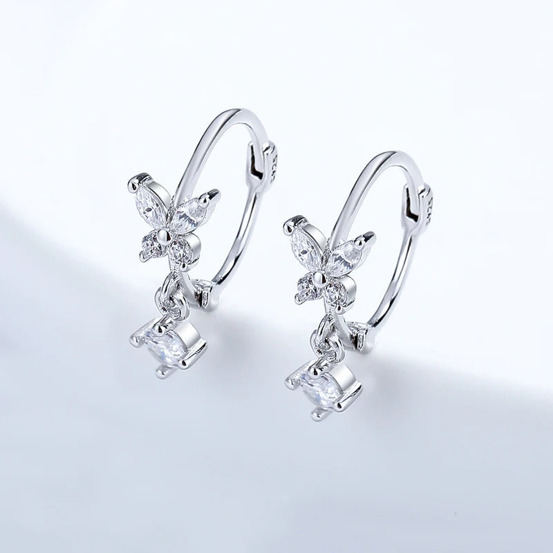TrustDavis Real 925 Sterling Silver Sweet Charm Butterfly Zircon Hoop Earring for Women Wedding Birthday Fine Jewelry DB1427