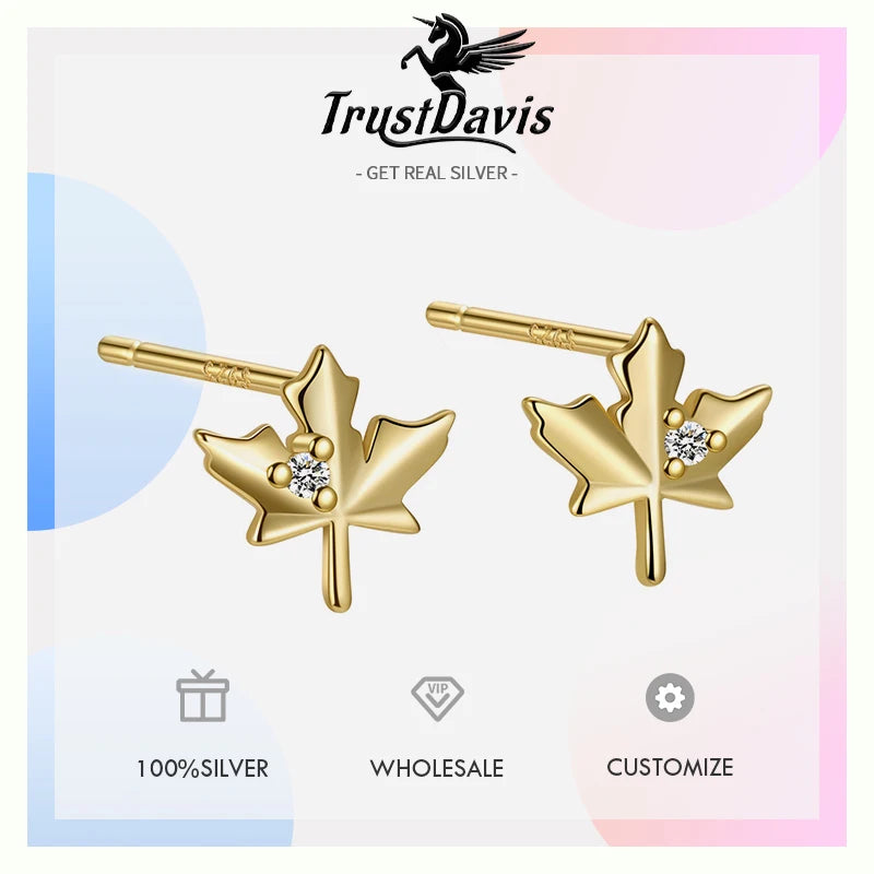 TrustDavis 925 Sterling Silver Women's Fashion Simple Zirconia Maple Leaf Stud Earrings for Women Girls Jewelry Gift DS4281