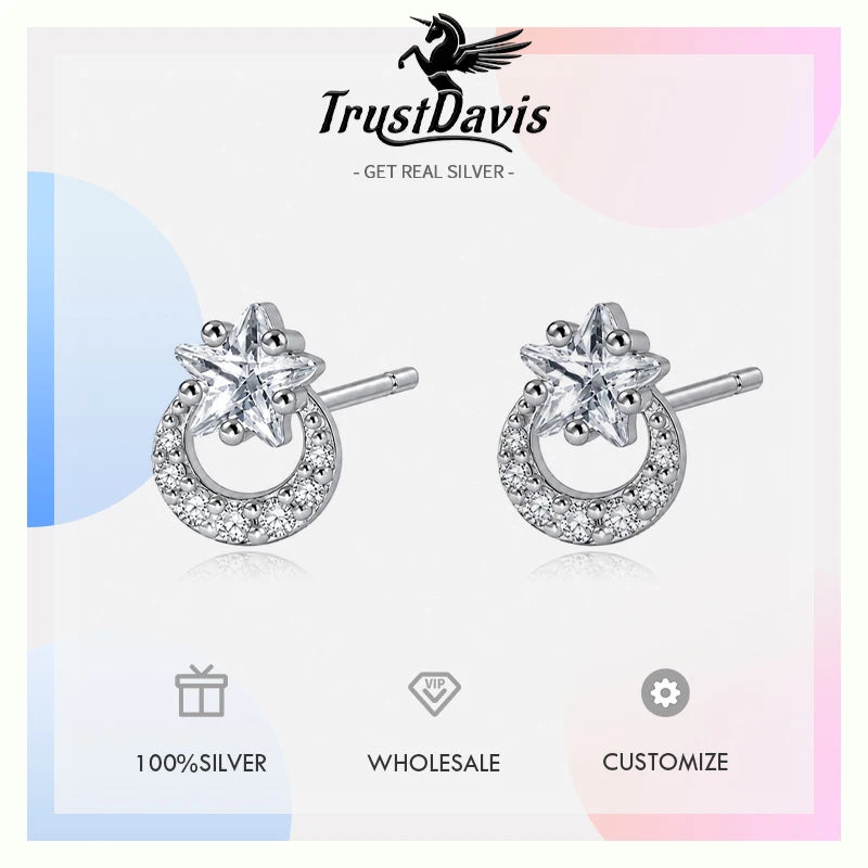 Real 925 Sterling Silver Star Moon Zircon Stud Earrings DS4950