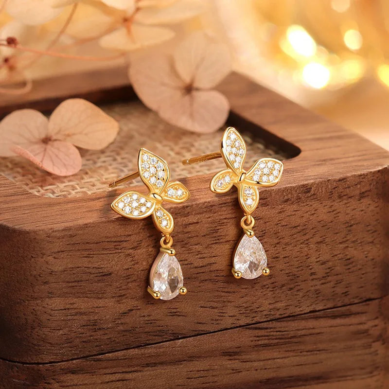 TrustDavis Real 925 Sterling Silver Women's Fashion Simple Butterfly Zircon Drop Earrings for Women Girls Gift Jewelry DS4236