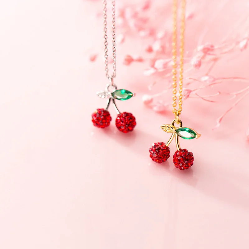 TrustDavis Real 925 Sterling Silver Fashion Sweet Fruit Cherry Pendant Short Necklace For Women Wedding Party Fine Jewelry DB975