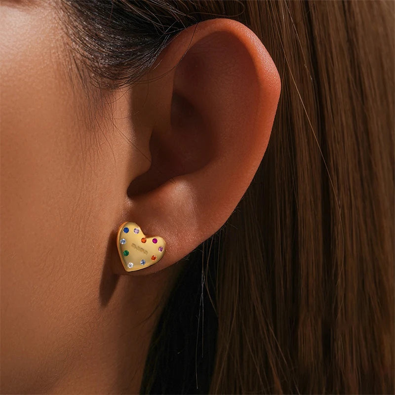 TrustDavis 925 Sterling Silver Women's Fashion Simple Heart-shaped Colored Zircon Earrings for Women Girls Jewelry Gift DS4693