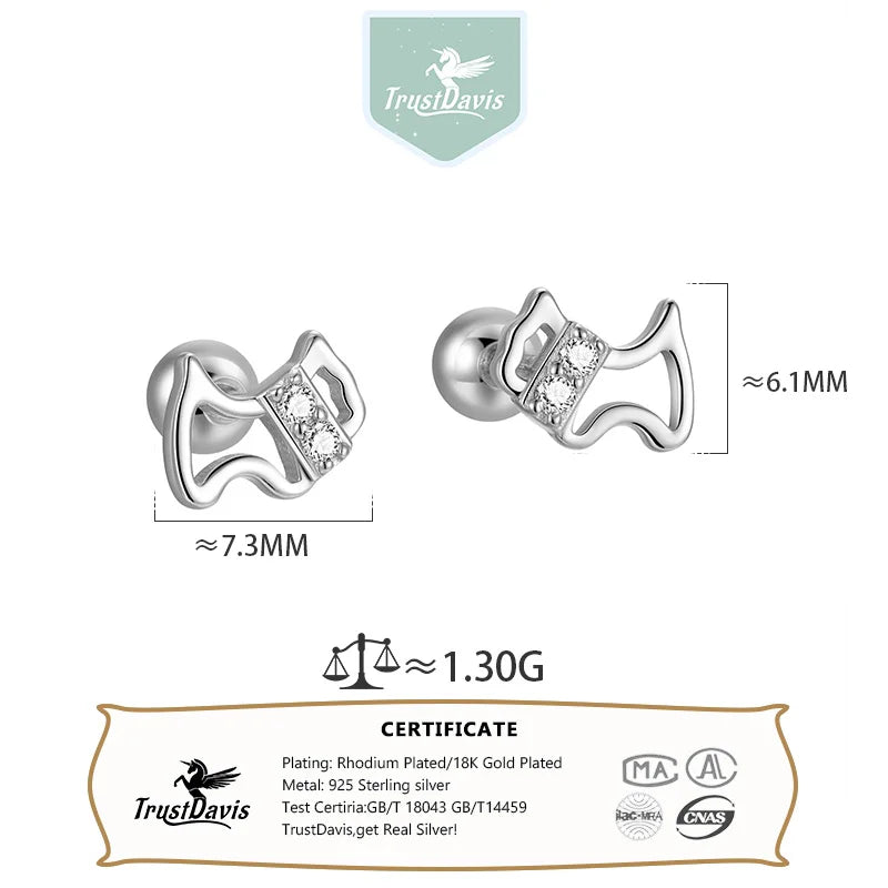 TrustDavis 925 Sterling Silver Women's Stud Earring Fashion Simple Zircon Dog Screw Earrings for Women Girls Jewelry Gift DS4298