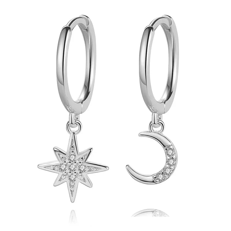 Real 925 Sterling Silve Fashion Asymmetric Star Moon Pendant Hoop Earrings DA2646