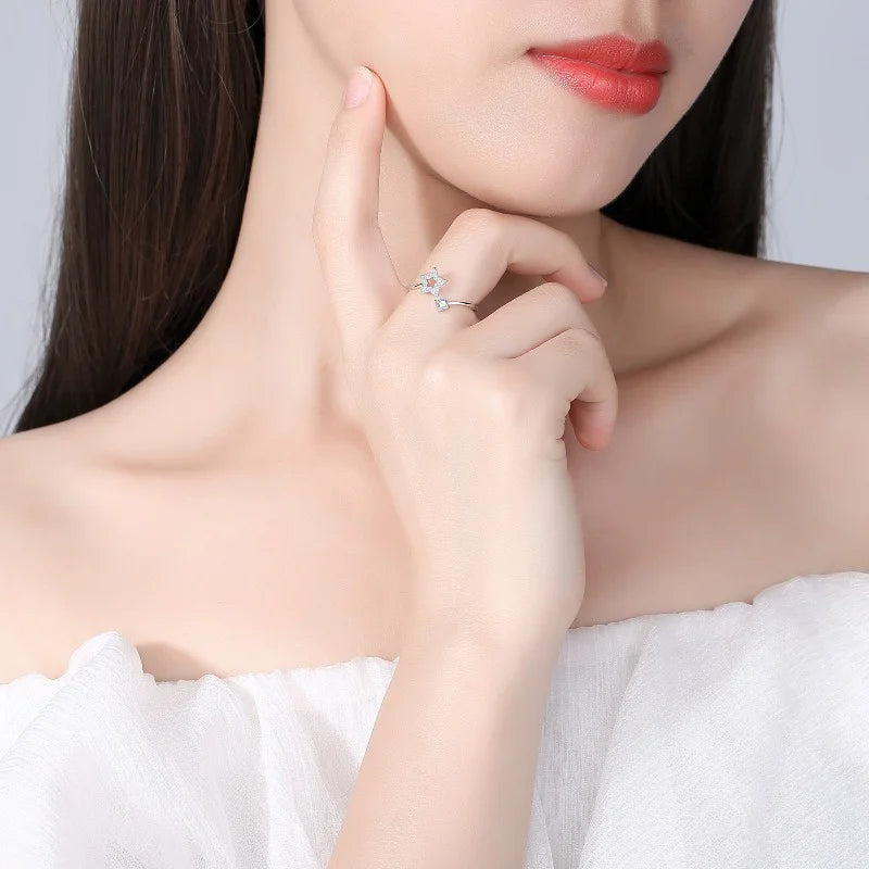 TrustDavis New 925 Sterling Silver Fashionable Star Adjustable Zircon Ring for Women Silver 925 Ring Jewelry DS4763