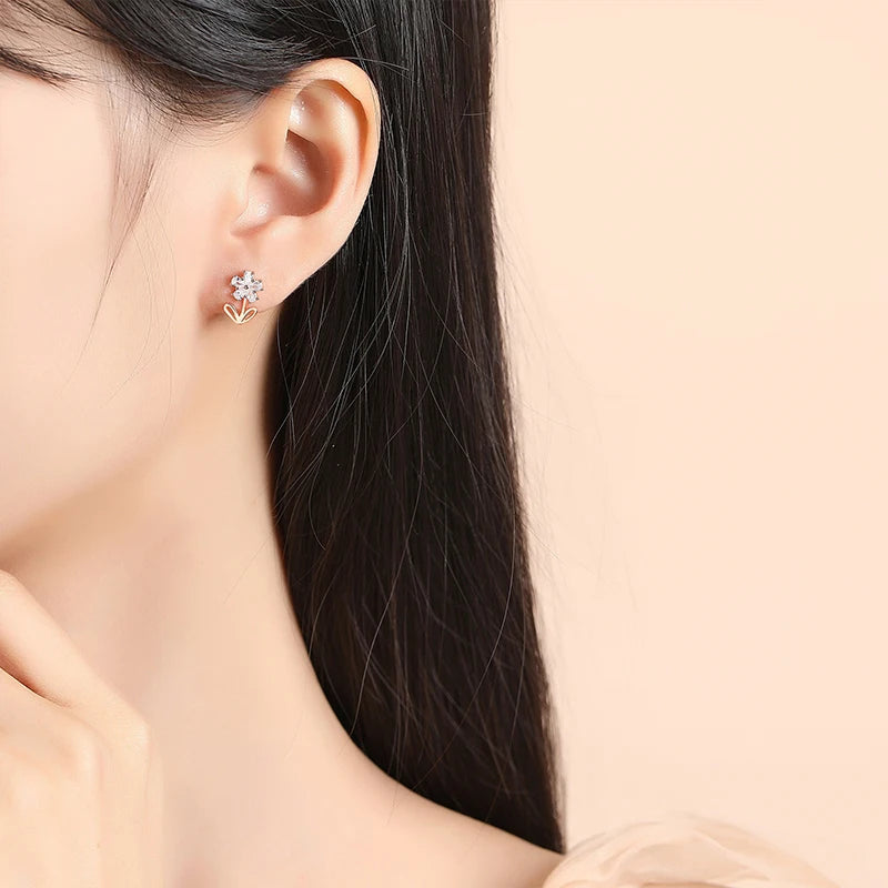 TrustDavis 925 Sterling Silver Women's Fashion Sweet Flower Zirconia Stud Earrings for Women Girls Jewelry Gift DS4294