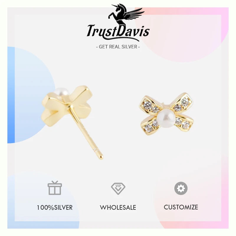 Trusta 100% 925 Sterling Silver Jewelry Fashion Casual Stud Earrings Bow Knot Anniversary for Girls Kids Lady DS4021