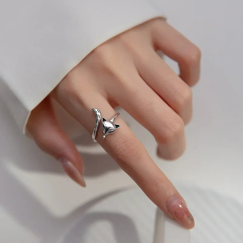 Trustdavis Real 925 Sterling Silver Sweet INS Animal Fox Opening Rings For Women Office Lady Daily Fine 925 Jewelry Gift DG0204