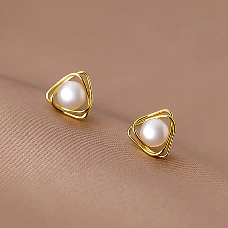 Geometric Pearl Triangle Line Stud Earrings DS3481