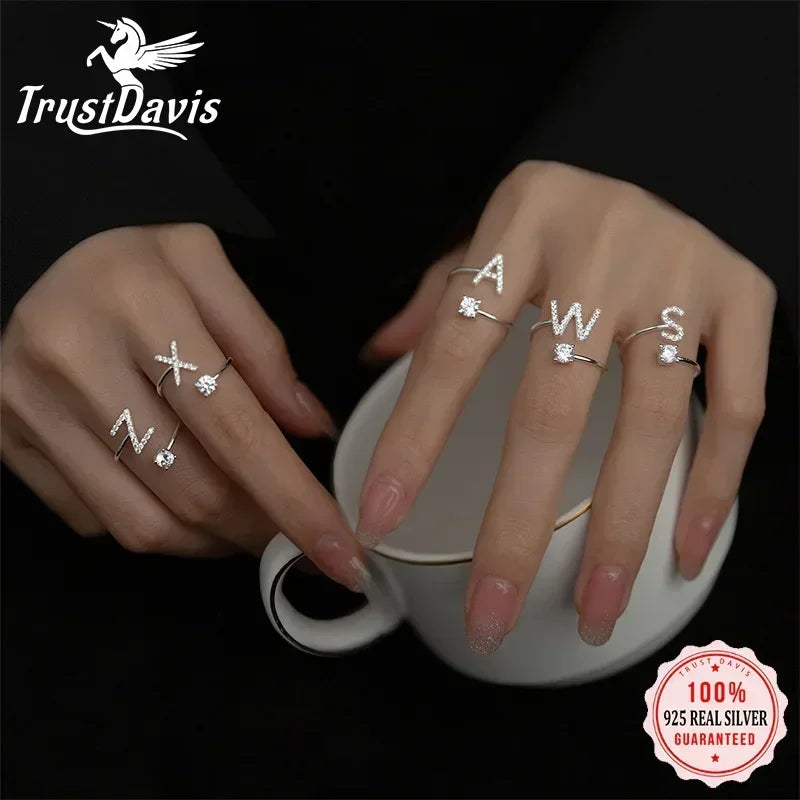 TrustDavis Real 925 Sterling Silver Rings For Women Wedding Party Jewelry 26 Letter Clear CZ Opening Ring Fine Jewelry DA3121