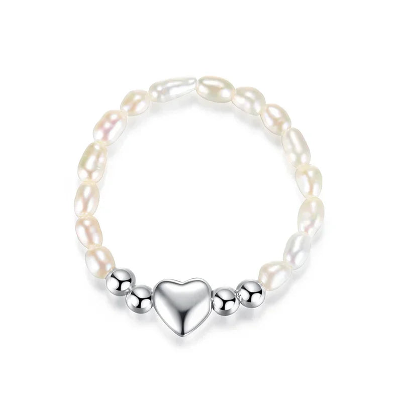 TrustDavis Real 925 Sterling Silver Sweet Pearl Heart Beads Elastic Rings For Women Party S925 Jewelry DA1308
