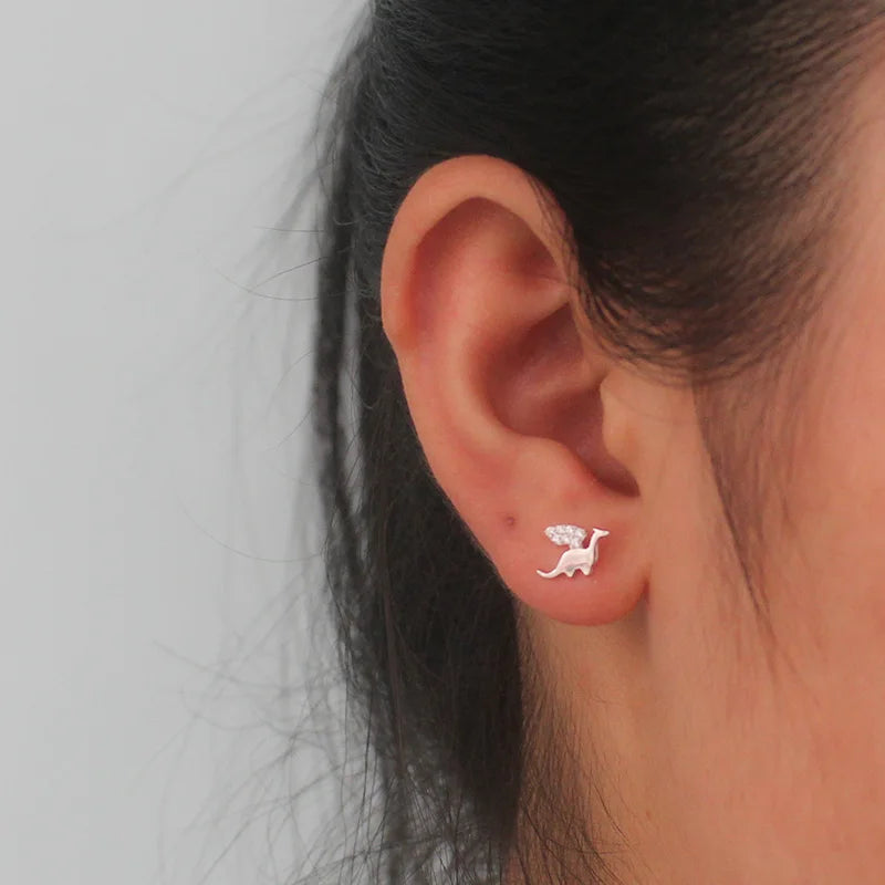 925 Sterling Silver Jewelry Cute Small Dazzling Dinosaur Stud Earrings DT44
