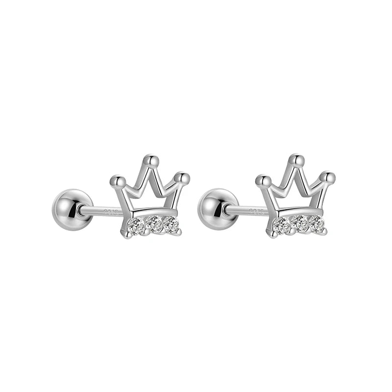 Simple Zirconia Hollow Crown Screw Earrings for Women Girls Jewelry Gift DS4278