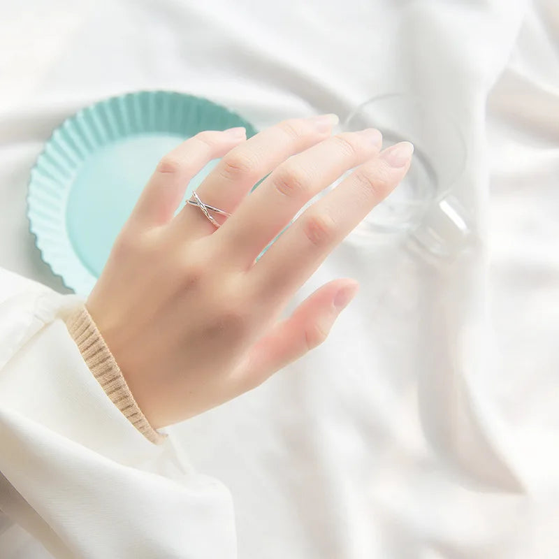 Trusta 100% 925 Real Sterling Silver Double Line Opening Rings Elegant Cross Ring Jewelry For Anniversary Adjustable DS798