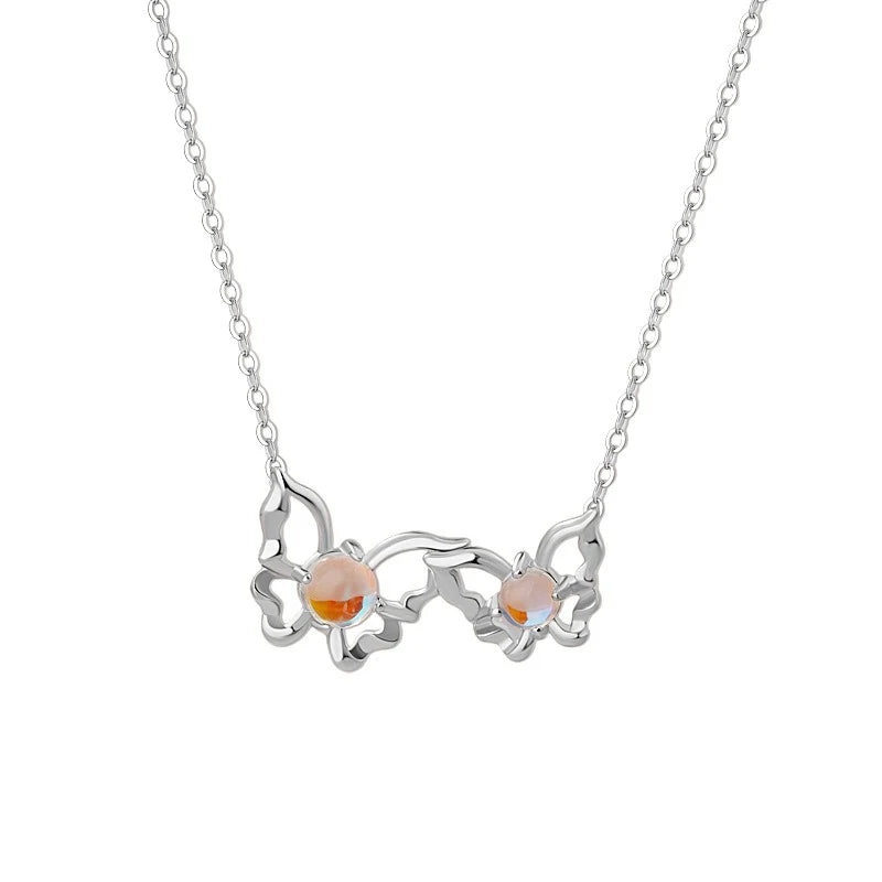 TrustDavis 925 Sterling Silver Women's Fashion Butterfly Moonstone Necklace and Earring Set for Women Girls Jewelry Gift DS4302