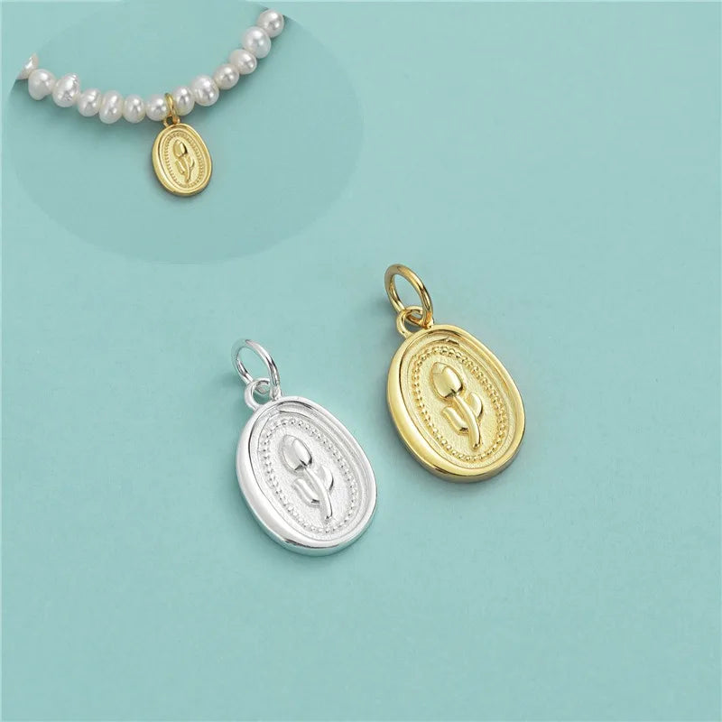 TrustDavis Real 925 Sterling Silver Fashion Oval Tulip Charm Pendant Handmade DIY Accessories Fine Jewelry Wholesale DZ1739