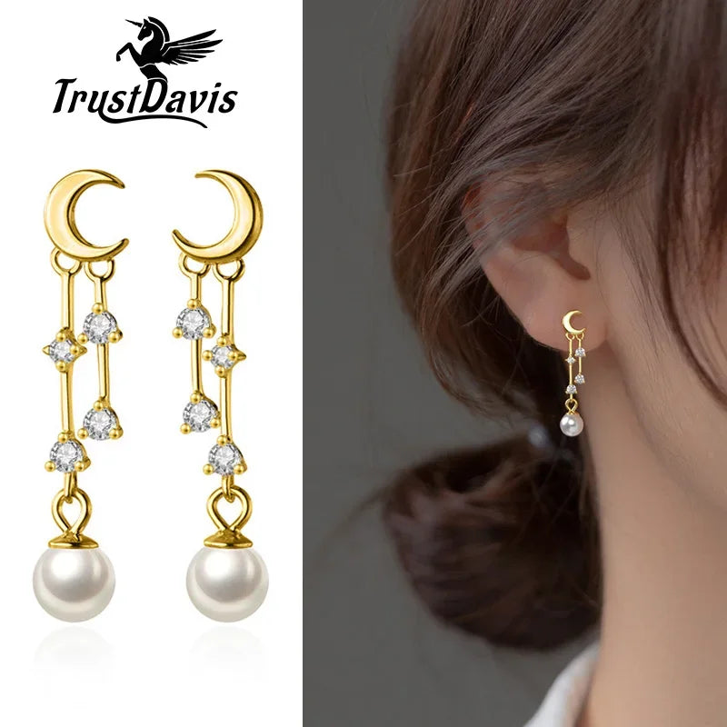 Moon Tassel Synthesis Pearl CZ Stud Earrings DA3137