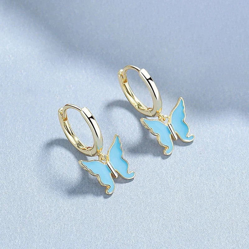 TrustDavis Real 925 Sterling Silver Charm Glaze Butterfly Pendant Hoop Earrings For Women Wedding Party Fine Jewelry Gift DS4593