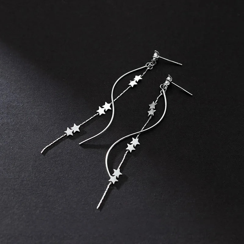 TrustDavis Real 925 Sterling Silver Earring For Women Waves Stars Tassels Stud Earrings Wedding Anniversary Jewelry Gift DG0008