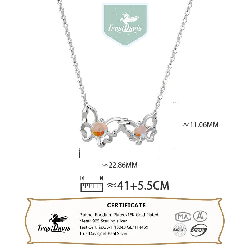 TrustDavis 925 Sterling Silver Women's Fashion Butterfly Moonstone Necklace and Earring Set for Women Girls Jewelry Gift DS4302