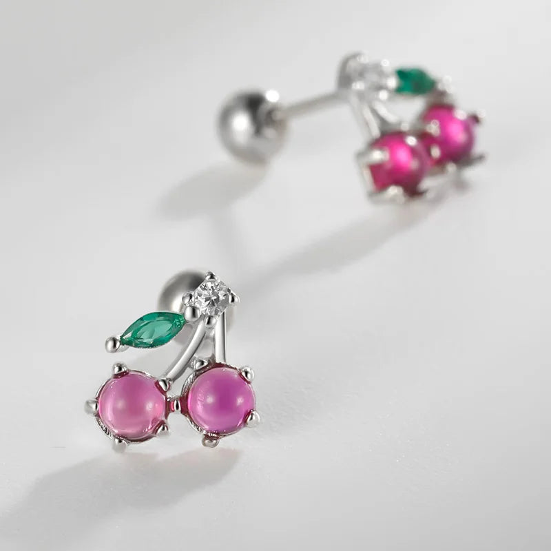 Real 925 Sterling Silver Sweet Cherry Zircon Screw Earrings DA4164