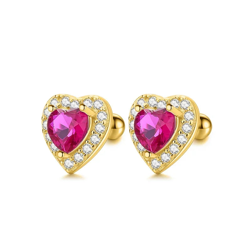 TrustDavis Authentic 925 Sterling Silver Pink Red Heart CZ Stud Earrings for Women Girls Kids Birthday Gift Jewelry DS3921