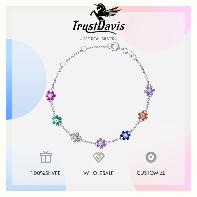 TrustDavis 925 Sterling Silver Women's Fashion Simple Colorful Flower Zircon Bracelet for Women Girls Jewelry Gift DS4451