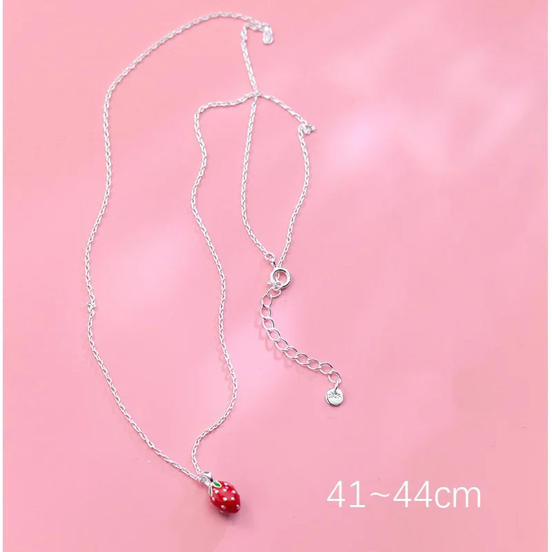 TrustDavis Women's Fashion 925 Sterling Silver Jewelry Cute Strawberry Pendant Short Necklace Cute Gift Girls Lady DS513