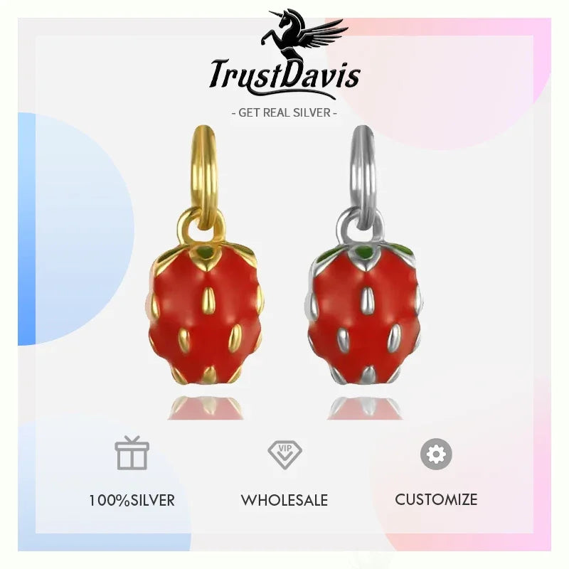 TrustDavis Real 925 Sterling Silver Personality Fashion Sweet Strawberry Charm Pendant Handmade DIY Accessories Jewelry HY013