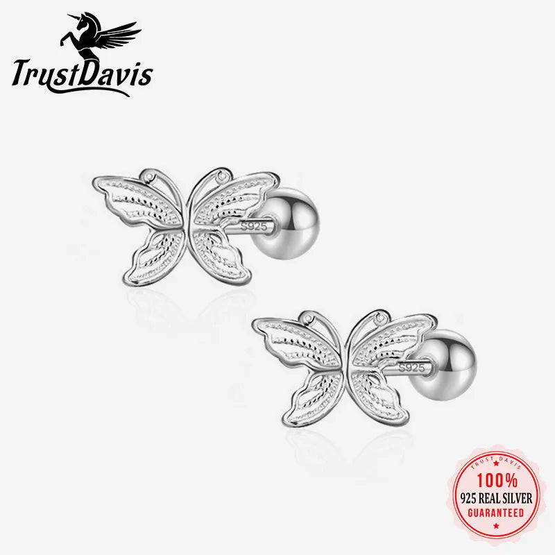 TrustDavis Real 925 Sterling Silver Minimalist Fashion Cute Butterfly Screw Stud Earrings for Women Wedding Fine Jewelry DS3965