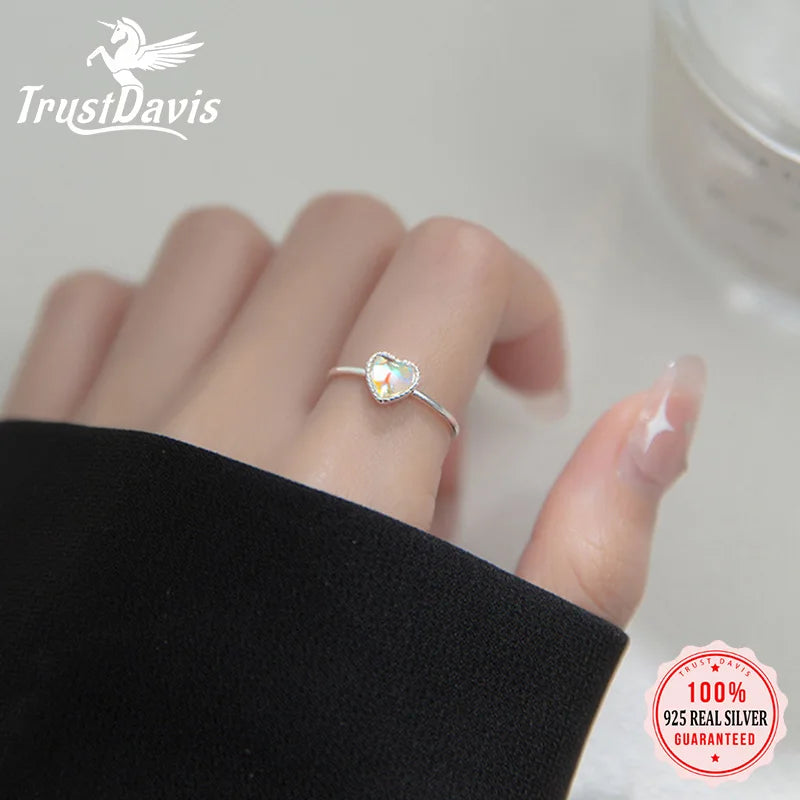 TrustDavis Real 925 Sterling Silver Fashion Gradient Coloured Glaze Heart Opening Rings For Women Wedding Fine Jewelry DA2476