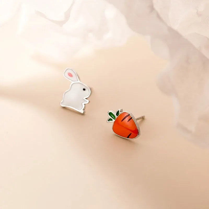 TrustDavis Real 925 Sterling Silver Fashion Cute Small Glaze Rabbit Turnip Stud Earrings Gift For School Girls Teen Lady DS155