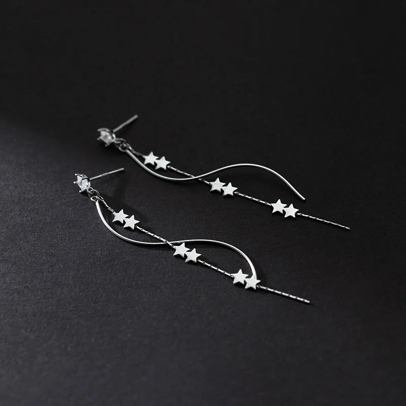 TrustDavis Real 925 Sterling Silver Earring For Women Waves Stars Tassels Stud Earrings Wedding Anniversary Jewelry Gift DG0008